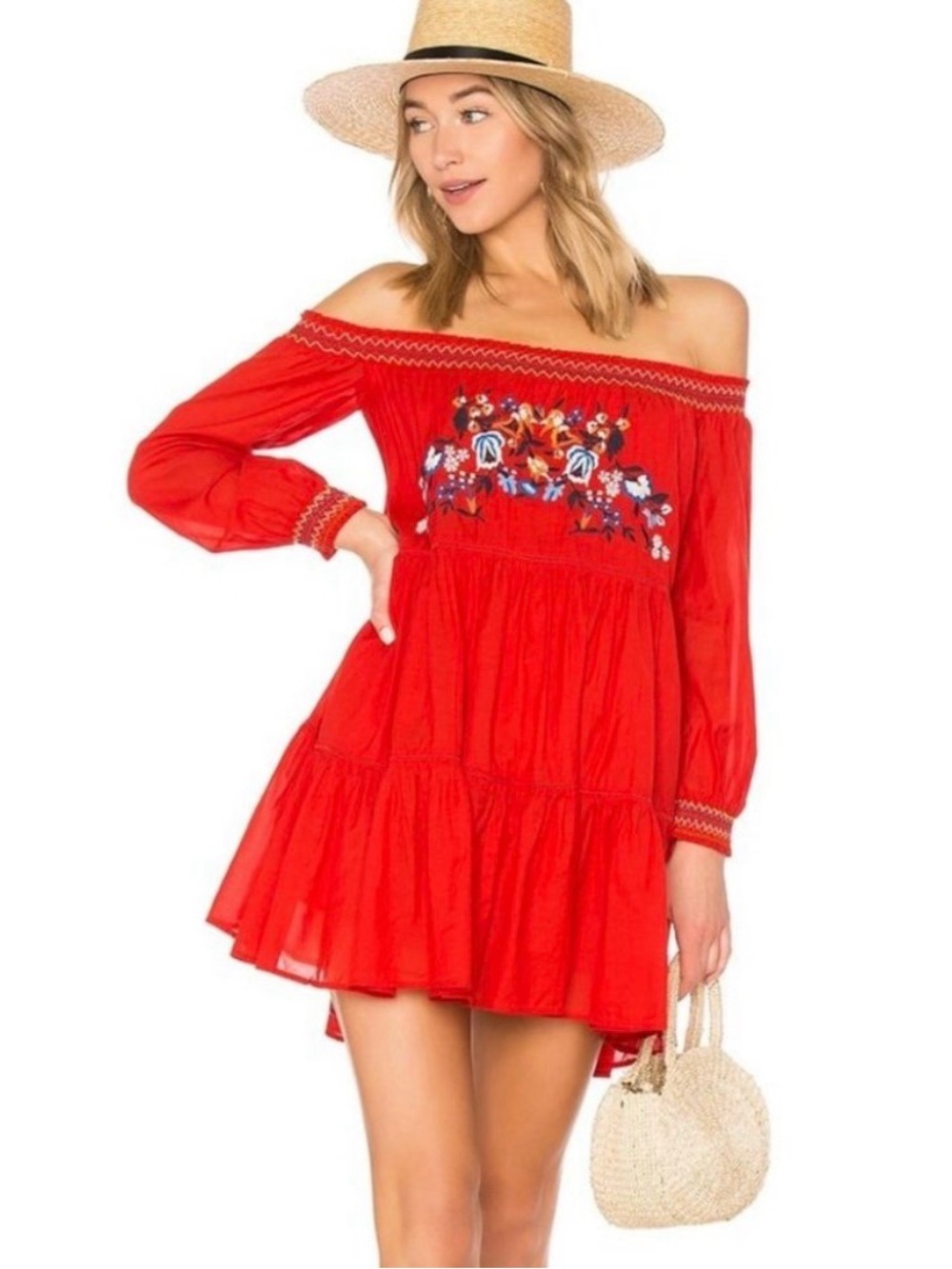 Free People Sunbeams Off-Shoulder Red Embroidered Boho mini dress Size Small NWT
